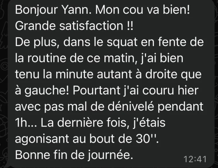 Message de Après des années de torticolis : Mon cou va bien ! J'ai couru hier 1 h avec pas mal de dénivelé. La dernière fois, j'étais agonisant au bout de 30 minutes.